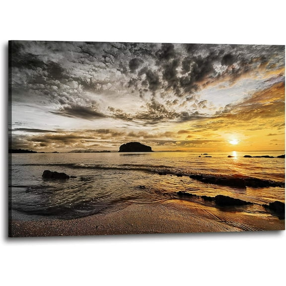 Beach Canvas Wall Art Bathroom: Seascape Coastal Picture Ocean Sunset Scene Print Tropical Seaside Painting Sea Seashore Artwork for Living Room Bedroom Decorations 20 x 16 Inches