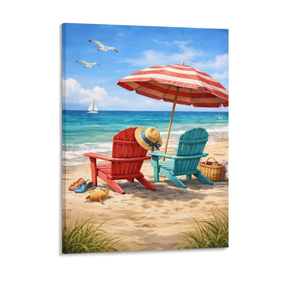 Beach Canvas Wall Art Coastal Ocean Painting with Adirondack Chairs & Umbrella, Summer Seaside Wall Decor for Bathroom Living Room Bedroom, Ready to Hang