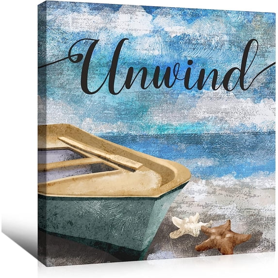 Beach Canvas Wall Art for Home Decor Bathroom Decor Blue Beach Picture Ocean Theme Anchor Canvas Print Modern Coastal Seascape Painting Framed Seaside Artwork Floral Daisy for Home Room 14x14inch
