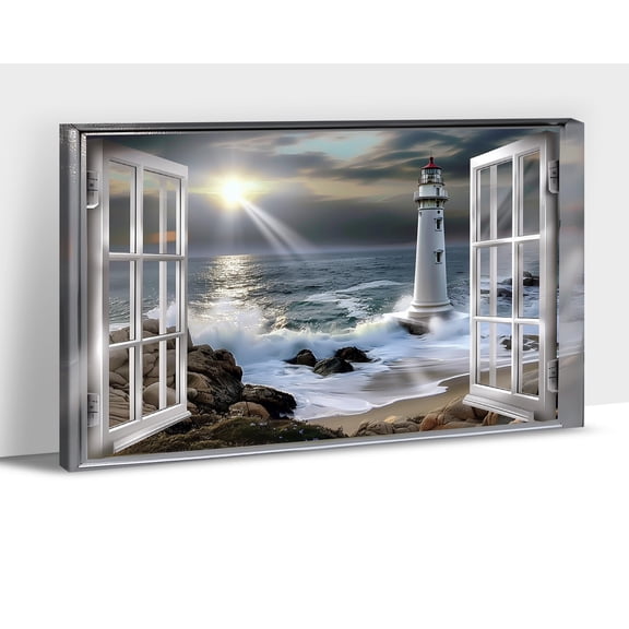 Beach Canvas Wall Art, Ocean with 3D Beach Window Pictures, Coastal Bird Seascape Canvas Prints Artwork, Nature Coastal Scenery Painting for Living Room Bedroom Bathroom Office Home Decor