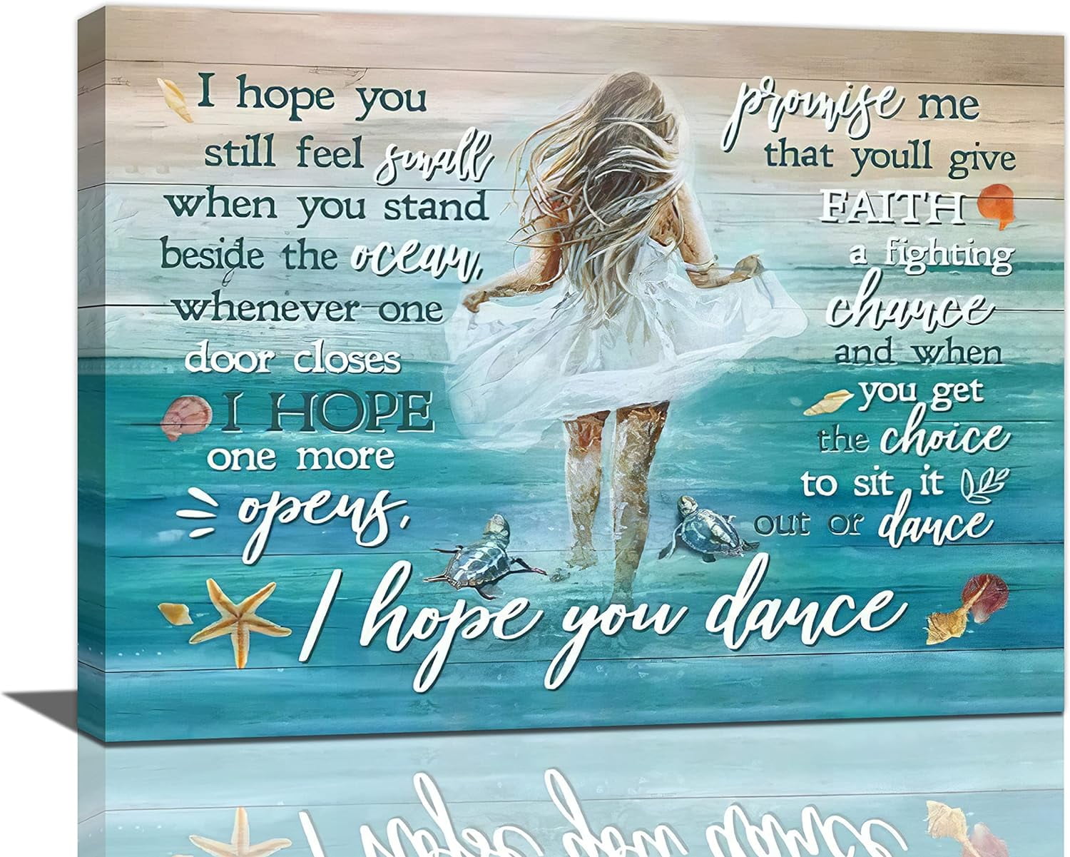 Beach Canvas Wall Art Ocean Coastal Shell Starfish White Dress Girl Wall Decor I Hope You Dance Pictures Painting Prints Coastal Theme Framed Artwork Decor for Bathroom Bedroom Living Room 12"x16"