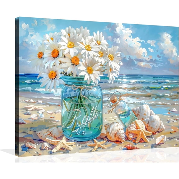 Beach Canvas Wall Art Ocean Picture Vintage Beach Daisy Drift Bottle Wall Art Beach Poster Wall Art Beach Scene Painting Coastal Print Wall Art for Living Room Bedroom Wall Framed 12X16 inch