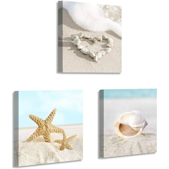 Beach Canvas Wall Art Picture: Seashell and Starfish on Soft Sandybeach Painting Artwork for Home Decor (12" W x 12" H x 3 PCS, Multi-Style)