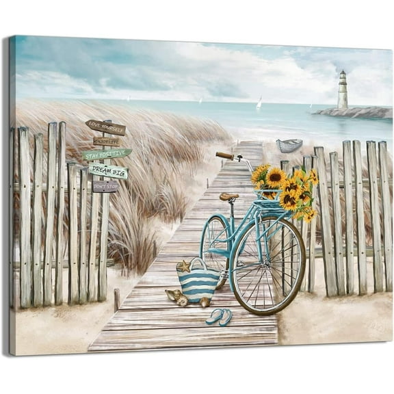 Beach Canvas Wall Art for Bathroom With Fence Wooden Path Bike Decor Lighthouse Print Pictures Artwork (11"x15")