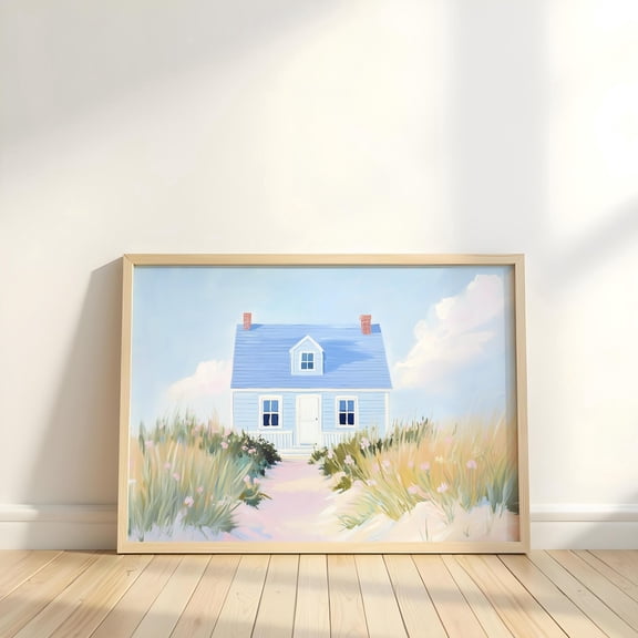 Beach Cape Cod Cottage Coastal Cottagecore Serene Summery Scene Pastel Seaside Poster , Poster Print Only