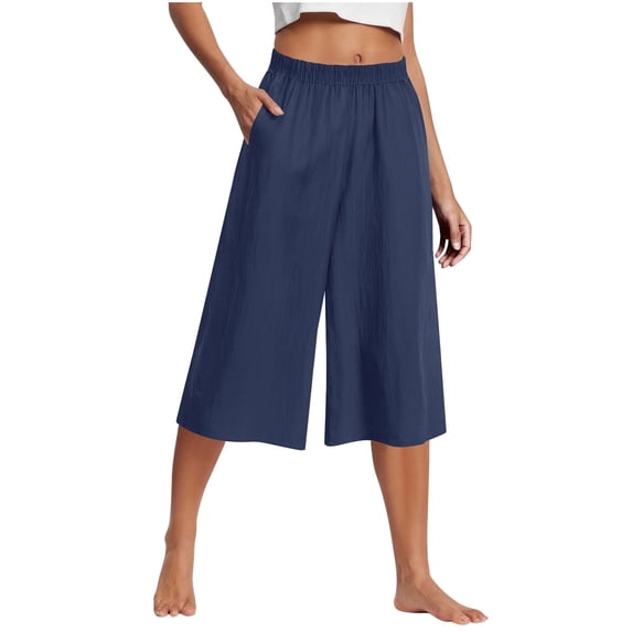 Beach Capris for Women Lightweight Lined Wide Leg Summer Pants Elastic Waist Loose Casual Trendy Cropped Trousers with Pockets Capris with Pockets Navy M