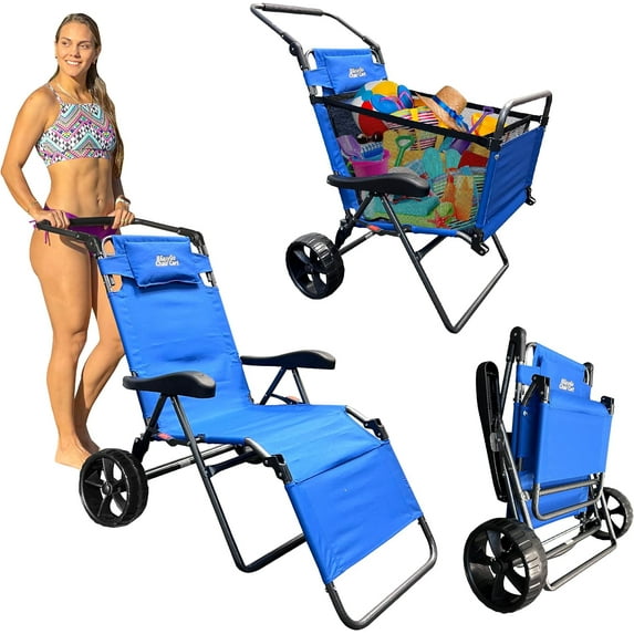 Beach Cart Chair – 2 in 1 Turns from Beach Cart to Beach Chair – Large Wheels – Easy to Use – Large Capacity – Blue Color