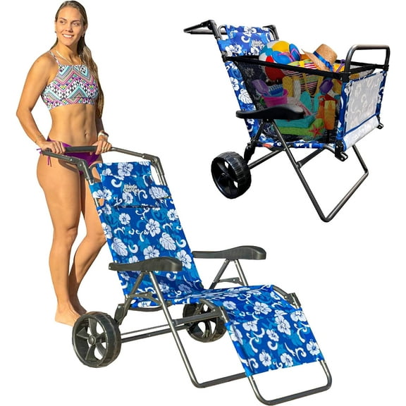 Beach Cart Chair – 2 in 1 Turns from Cart to Beach Chair – Large Wheels – Easy to Use – Large Capacity – Flower Pattern