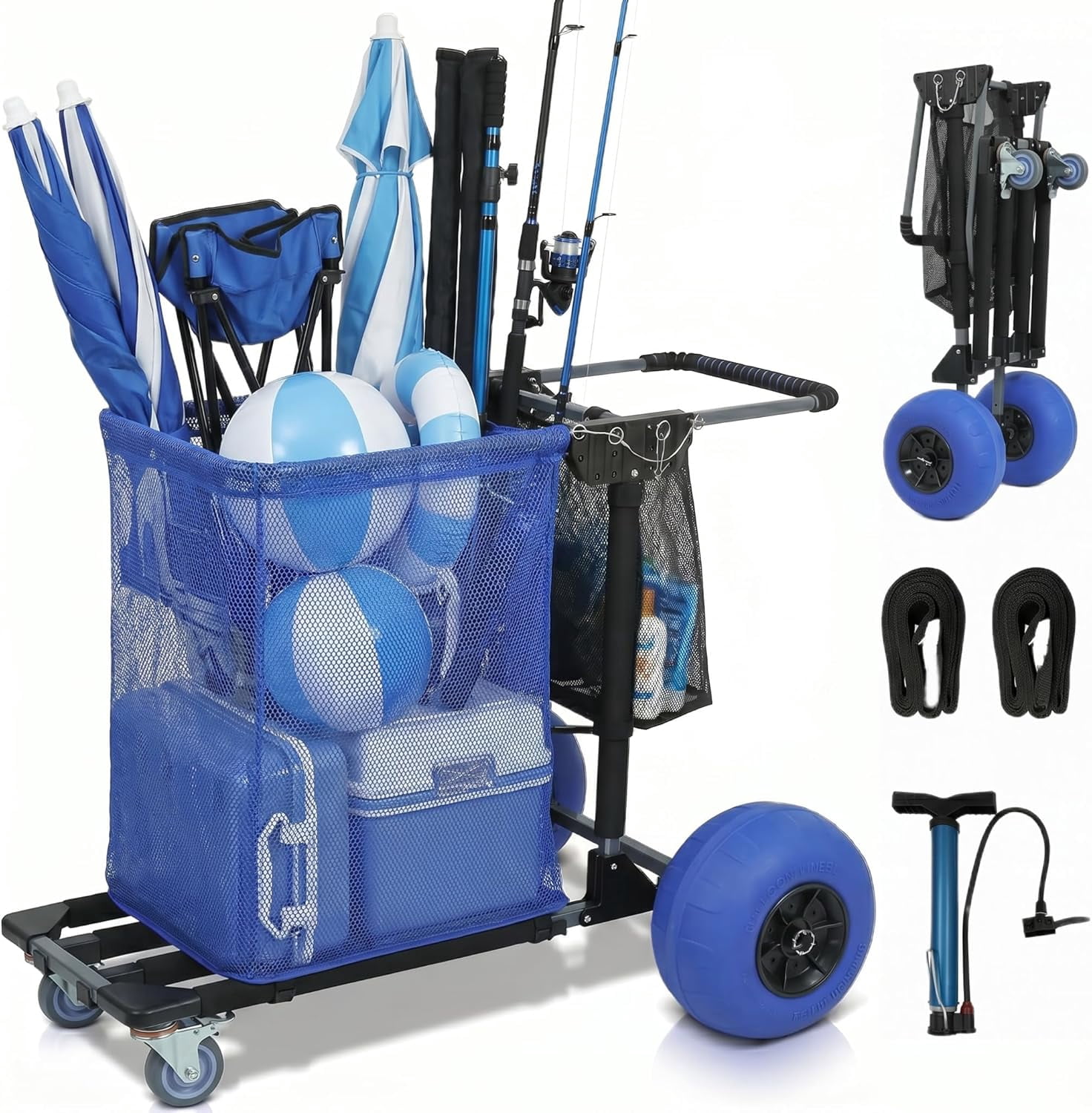 Beach Cart for Sand with Balloon Wheels & 12" Sand Tires Adjustable Handle, Maximum Weight Capacity 220 lbs