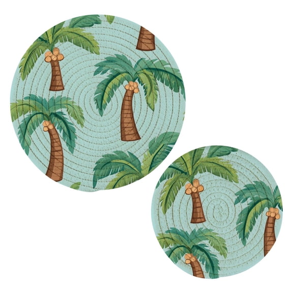 Beach Cartoon Palm Tree Pattern Cotton Trivets Potholders Set of 2 Handmade Heat Resistant Non Slip Absorbent