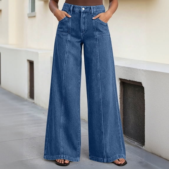 Beach Casual Summer Jeans for Women High Waisted Wide Leg Jeans With Solid Color Front Denim Pants Loose Pants With Fullnctiona Pockets For Daiy Wear Women's Durable Pocketed Casual Wear Denim Pants