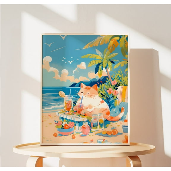 Beach Cat Poster, Tropical Sand Beach Art, Cozy Ginger Cat Mom Birthday Gifts, Summer Cocktail Wall Decor For Him & Her Wall Art, Modern Wall Decor, 8x12 UNFRAMED