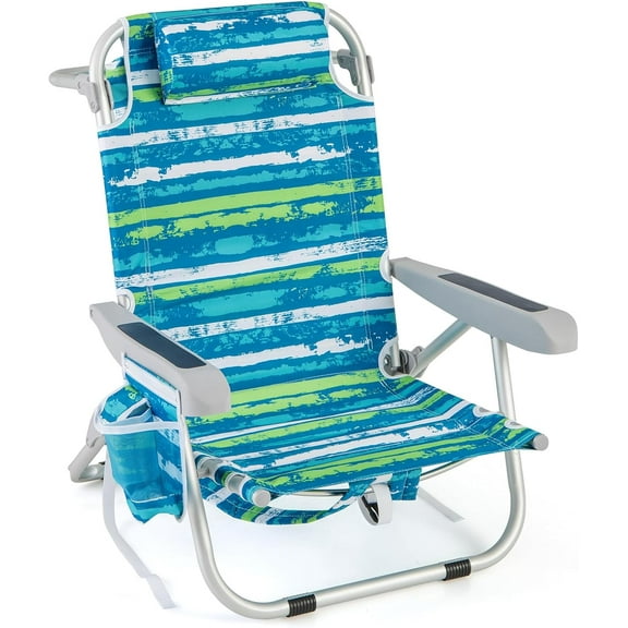 Beach Chair, 330lbs Backpack Lounger with 5-Position Backrest, Storage Bag, Side Pocket, Towel Bar & Headrest, Foldable Low Beach Lounge, Portable Aluminum Lay Out Camp Chair (1, Blue)