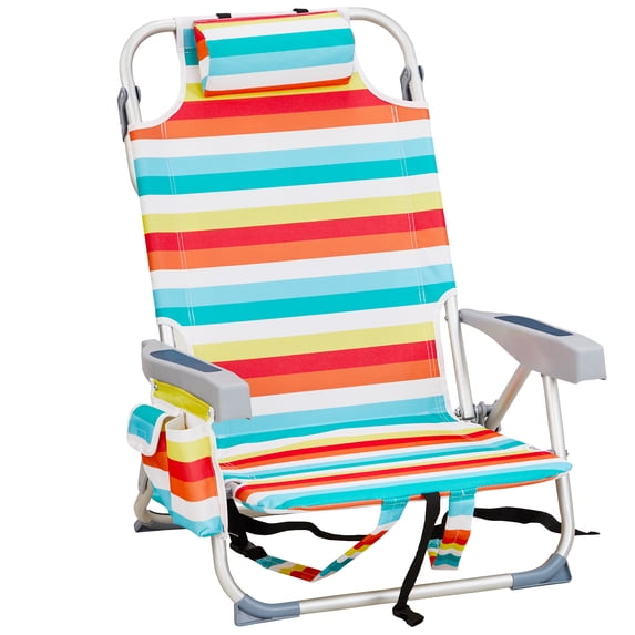 Beach Chair,330lbs Folding Backpack Chairs for Adults with 5-Position Backrest,Storage Pockets,Towel Bar & Headrest, Foldable Low Beach Lounge,Portable Aluminum Lay Flat Camping Chair,Rainbow Stripes