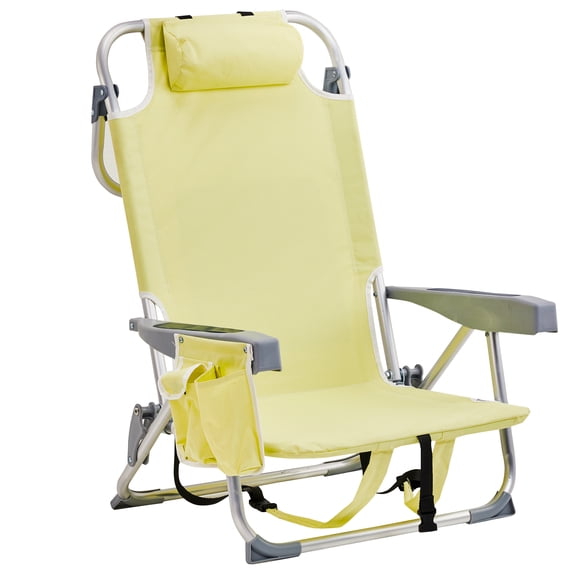 Beach Chair,330lbs Folding Backpack Chairs for Adults with 5-Position Backrest,Storage Pockets,Towel Bar & Headrest, Foldable Low Beach Lounge,Portable Aluminum Lay Flat Camping Chair,Yellow