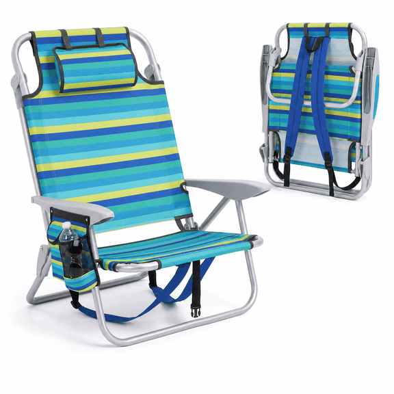 YESGAIN 5-Position Reclining Folding Beach Chair, Backpack Carry Straps, Headrest, Cup Holder, Storage Pouch, Max 350lb Capacity for Beach, Pool, Patio.
