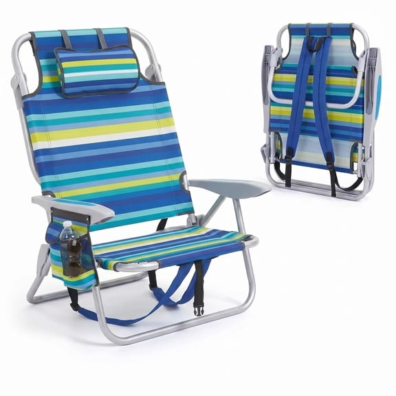 YESGAIN 5-Position Reclining Folding Beach Chair, Backpack Carry Straps, Headrest, Cup Holder, Storage Pouch, Max 350lb Capacity for Beach, Pool, Patio.