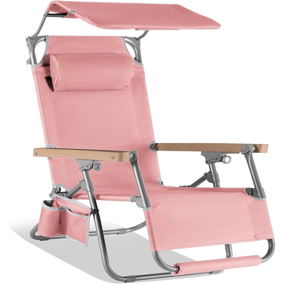 Beach Chair with Adjustable Canopy, Folding Zero Gravity Reclining Camp Lounge Chair with Backpack Straps & Side Pocket, Aluminum Frame Supports 350 lbs - Flamingo