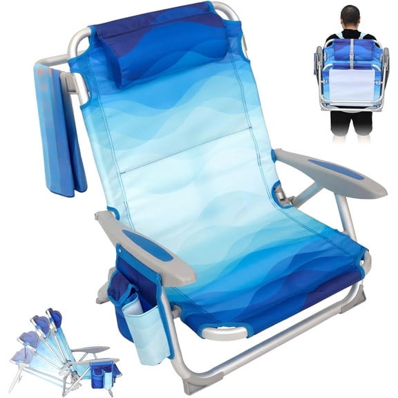 Beach Chair for Adults, Reclining Adjustable Position, Lay Flat Lightweight Folding Portable Aluminum Chair with Backpack Straps,Padded headrest, Heavy Duty 400 lbs Lawn Chair for Beach, Sand