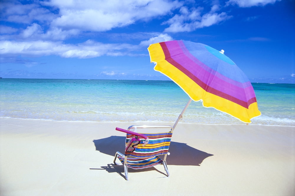 Beach Chair And Umbrella With Snorkel Gear Turquoise Ocean And Blue Skies C1759 Canvas Art - Bill Brennan Design Pics (19 x 12)