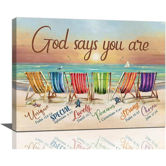 Beach Chair Bathroom Decor Wall Art Sea Beach Ocean Coastal Theme God Says You Are Colorful Pictures Wall Decor Canvas Painting Prints Artwork Home Decoration Framed for Bathroom Bedroom 16"x12"