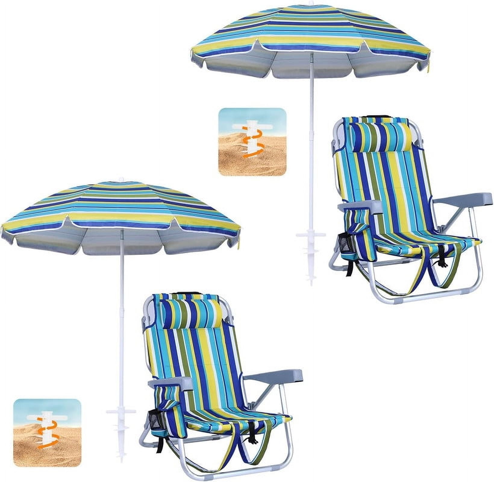 Striped Aluminum Beach Chairs with Umbrella and Cooler, Set of 2