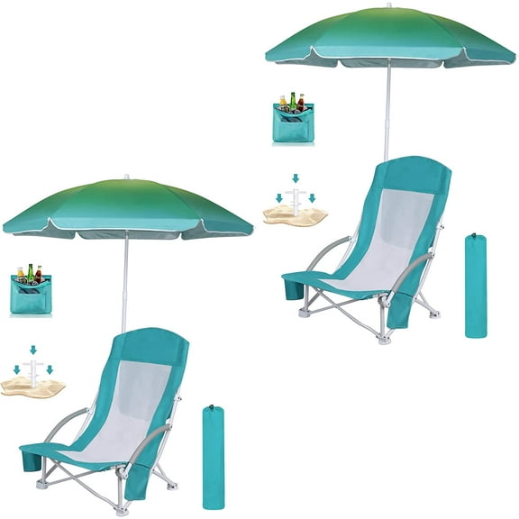 Beach Chair Beach Folding Chair for Adults Camping Chair High Back with Umbrella and Cooler Bag, Huge Shade, Portable & Lightweight for Beach, Outdoor, Camping (2, Bright Blue w/Hint Green)