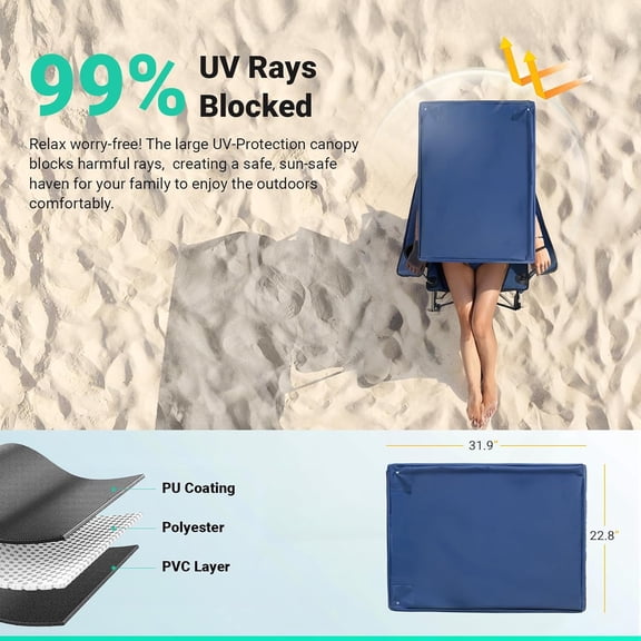 Beach Chair with Canopy Shade and Cooler - Support 330lbs Oversized Folding Camping Chair with Umbrella- Cup Holder - Cool Bag - Lounge Chair for Sand Travel Outdoor Pool Sports Blue