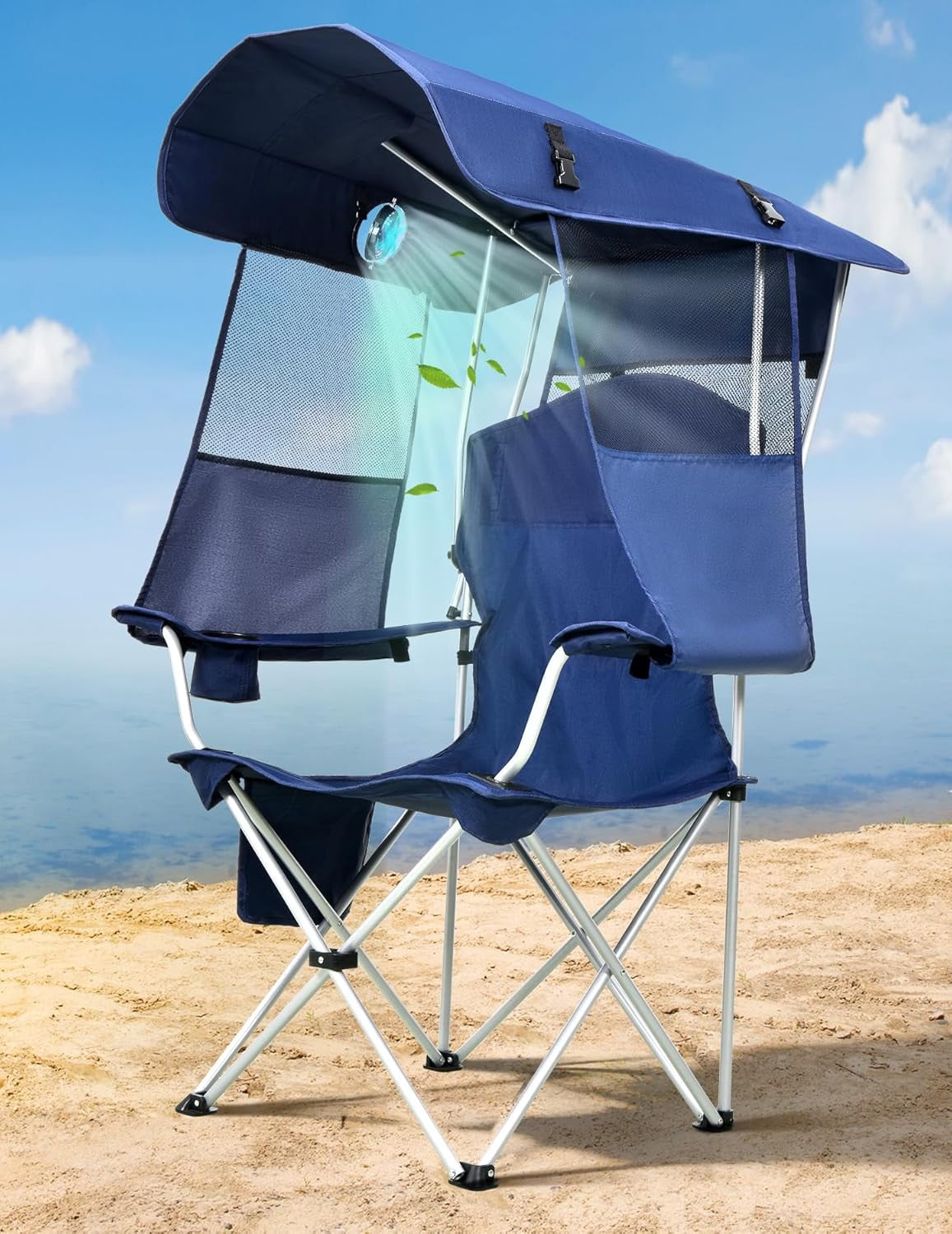 Beach Chair with Canopy Shade and Fan  360 Rotatable & 3-Speed Airflow, Camping Chair with Canopy and Powerful & Quiet Fan, Cup Holder, Side Pocket  Supports 330 LBS