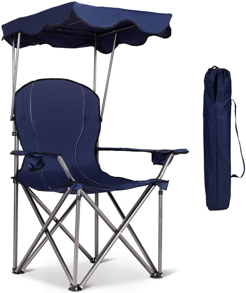 Beach Chair with Canopy Shade, Folding Lawn Chair with Umbrella Cup Holder  & Carry Bag, Portable Sunshade Chair for Adults for Outdoor Travel Hiking  Fishing, Blue 