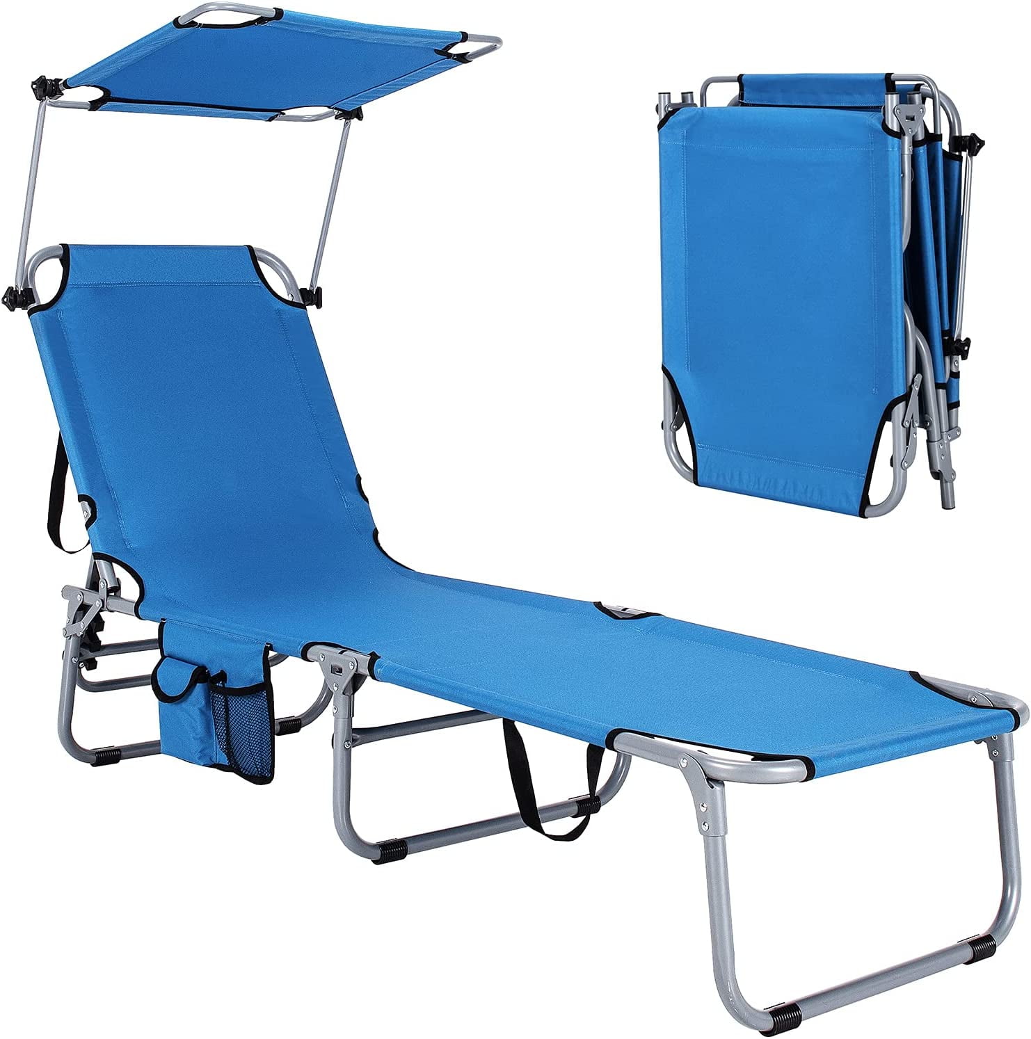Beach Chair with Canopy Shade Folding Tanning Lounge with Adjustable