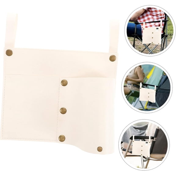 Beach Chair Cup Holder Organizer, Leather Hanging Chair Storage Pouch with Secure Fastener Straps, Multi-Pocket Camping Chair Side Holder for Drinks, Phones & Accessories