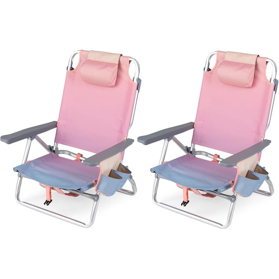 Beach Chair, Folding Backpack Beach Chairs for Adults w/Adjustable Positions, Head Pillow, Cooler Bag, Towel Bar, Cup Holders, Sunbath Sling Tanning Lounge, Folding Layout Camping Chairs
