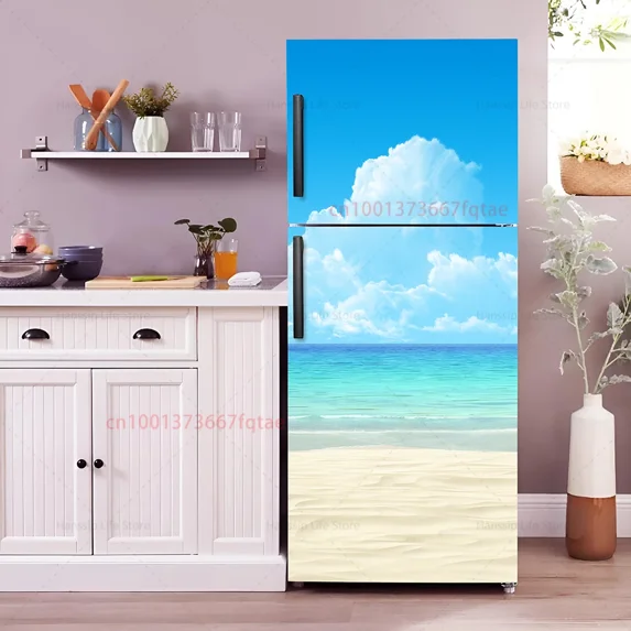 Beach Chair Mural Fridge Door Wrap Cover Waterproof PVC Kitchen Wallpaper Coconut Tree Refrigerator Door Sticker Decals