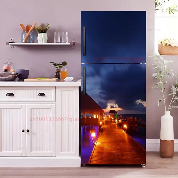 Beach Chair Mural Fridge Door Wrap Cover Waterproof PVC Kitchen Wallpaper Coconut Tree Refrigerator Door Sticker Decals
