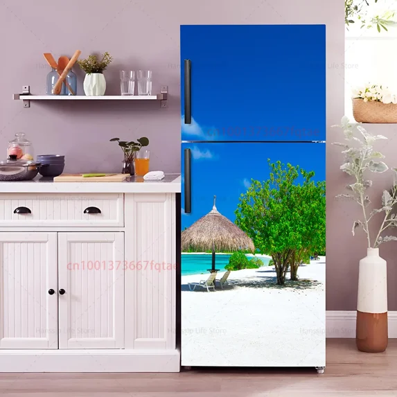 Beach Chair Mural Fridge Door Wrap Cover Waterproof PVC Kitchen Wallpaper Coconut Tree Refrigerator Door Sticker Decals
