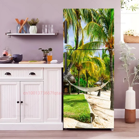 Beach Chair Mural Fridge Door Wrap Cover Waterproof PVC Kitchen Wallpaper Coconut Tree Refrigerator Door Sticker Decals