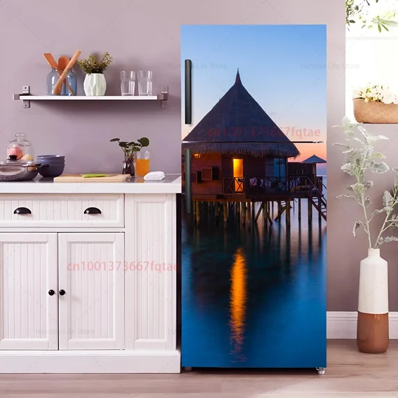 Beach Chair Mural Fridge Door Wrap Cover Waterproof PVC Kitchen Wallpaper Coconut Tree Refrigerator Door Sticker Decals