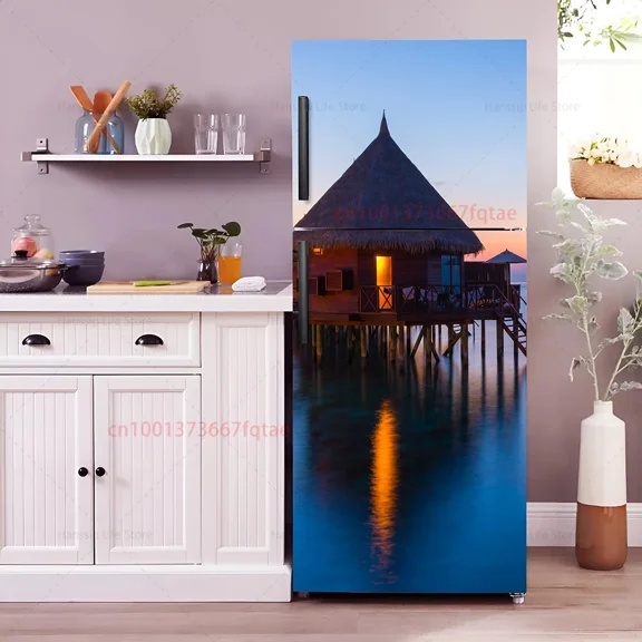 Beach Chair Mural Fridge Door Wrap Cover Waterproof PVC Kitchen Wallpaper Coconut Tree Refrigerator Door Sticker Decals