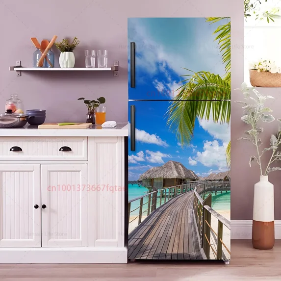 Beach Chair Mural Fridge Door Wrap Cover Waterproof PVC Kitchen Wallpaper Coconut Tree Refrigerator Door Sticker Decals