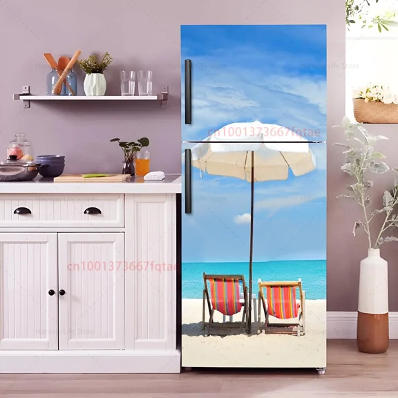 Beach Chair Mural Fridge Door Wrap Cover Waterproof PVC Kitchen Wallpaper Coconut Tree Refrigerator Door Sticker Decals