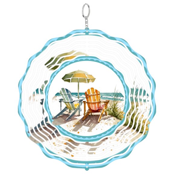 Beach Chair Ocean 3D Wind Spinner Kinetic Metal Hanging Summer Vacation Home Decor Round