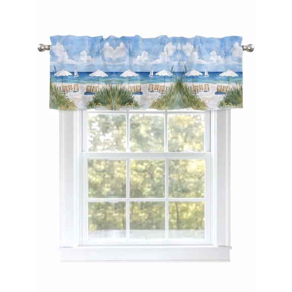 Beach Chair Sun Umbrella Curtain Valances for Windows, Ocean Vacation Window Valances, Window Treatment Rod Pocket Valance Curtains for Living Room/Kitchen/Bedroom/Bathroom, 54x18inch