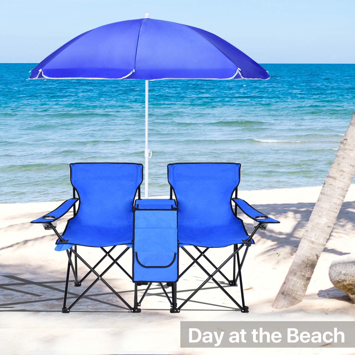 Beach Chair With Canopy, Folding Camping Chairs with Umbrella and Table Cooler, Portable Double-Chair with Beverage Holder for Beach, Camping, Picnic, Patio, Pool, Park, Outdoor, Blue, I5418 - image 1 of 9
