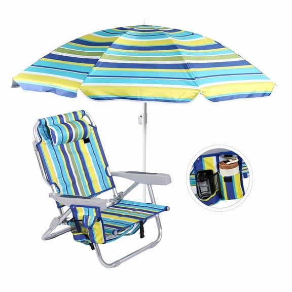 Beach Chair with Built-in Umbrella & Cooler, Backpack Striped High Back Sand Chair for Adults, Heavy Duty Portable Outdoor Chair with Cup Holder