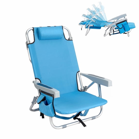 Beach Chairs with 5-Position Recline, 330lbs Folding Backpack Beach Lounge Chairs with Storage Pockets, Cup Holder & Towel Bar, Portable Aluminum Lay Flat Camping Chairs for Travel, Pool & Outdoor