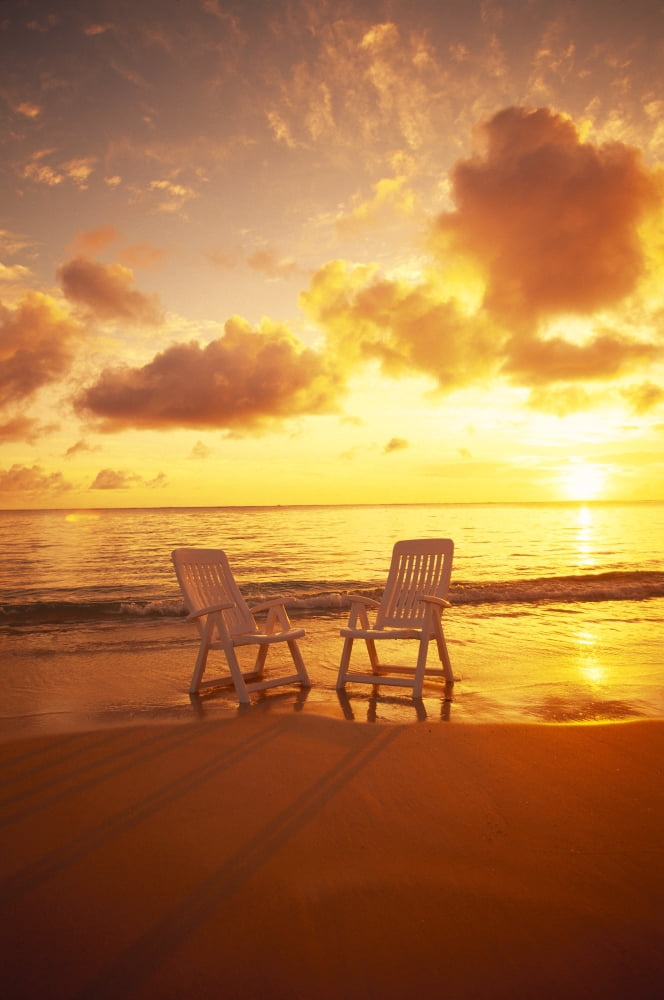 Beach Chairs Along Shoreline At Sunset B1466 Canvas Art - Dana Edmunds Design Pics (12 x 19)