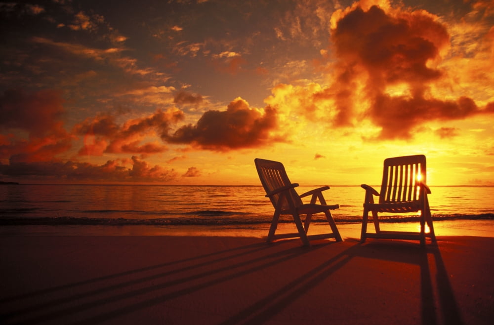 Beach Chairs Along Shoreline At Twilight Amazing Sunset Canvas Art - Dana Edmunds  Design Pics (17 x 11)