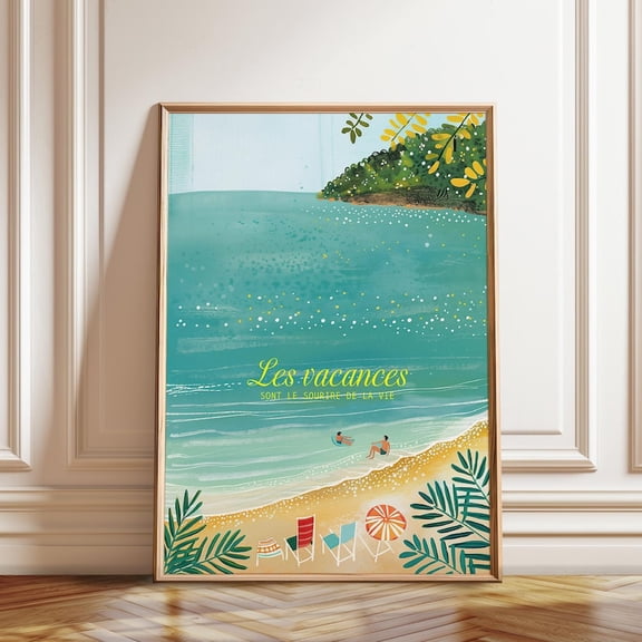 Beach Chairs And Sea French Riviera Coastal Wall Art Print, Unframed Paper Poster 8x10in