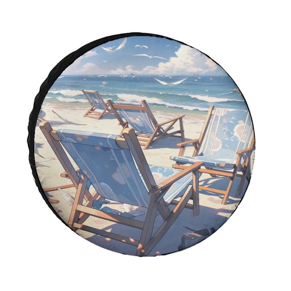 Beach Chairs Ocean Painting-3 Camper Spare Tire Cover Ocean Coastal Beach Wheel Protectors Weatherproof Wheel Covers Fit for Trailers SUV Off-Road Vehicle Camper And Trucks 12inch